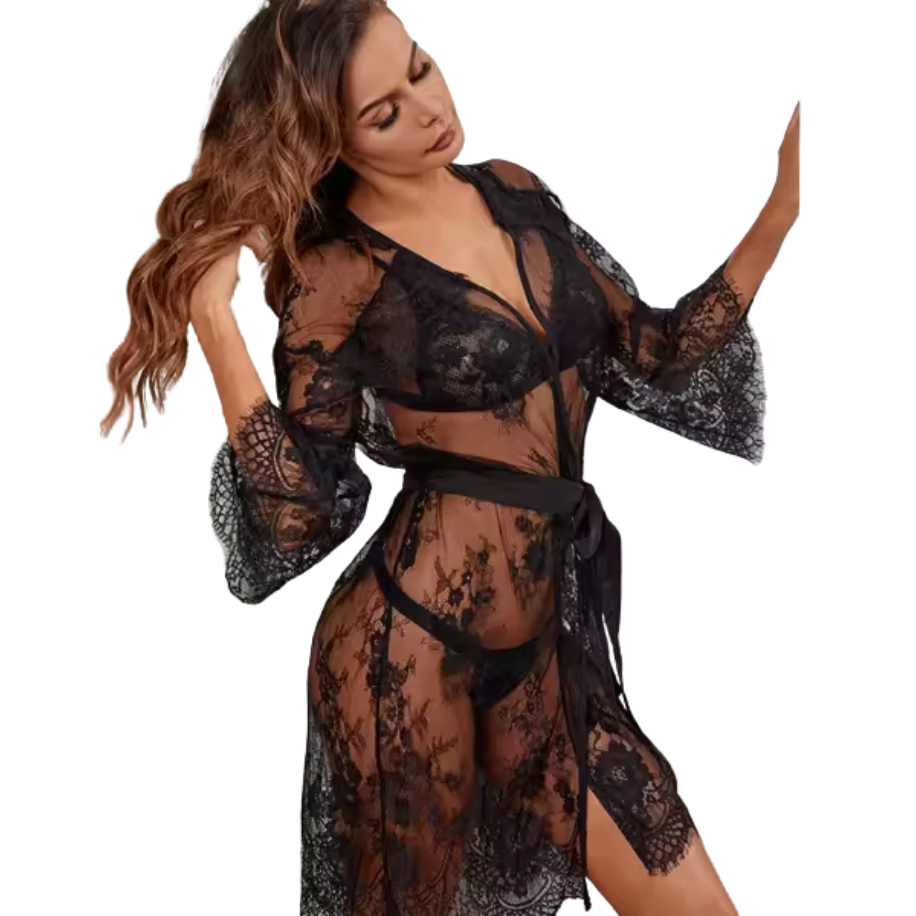Sexy Transparent Lace Robe Mesh See-through Lace-up Robe
