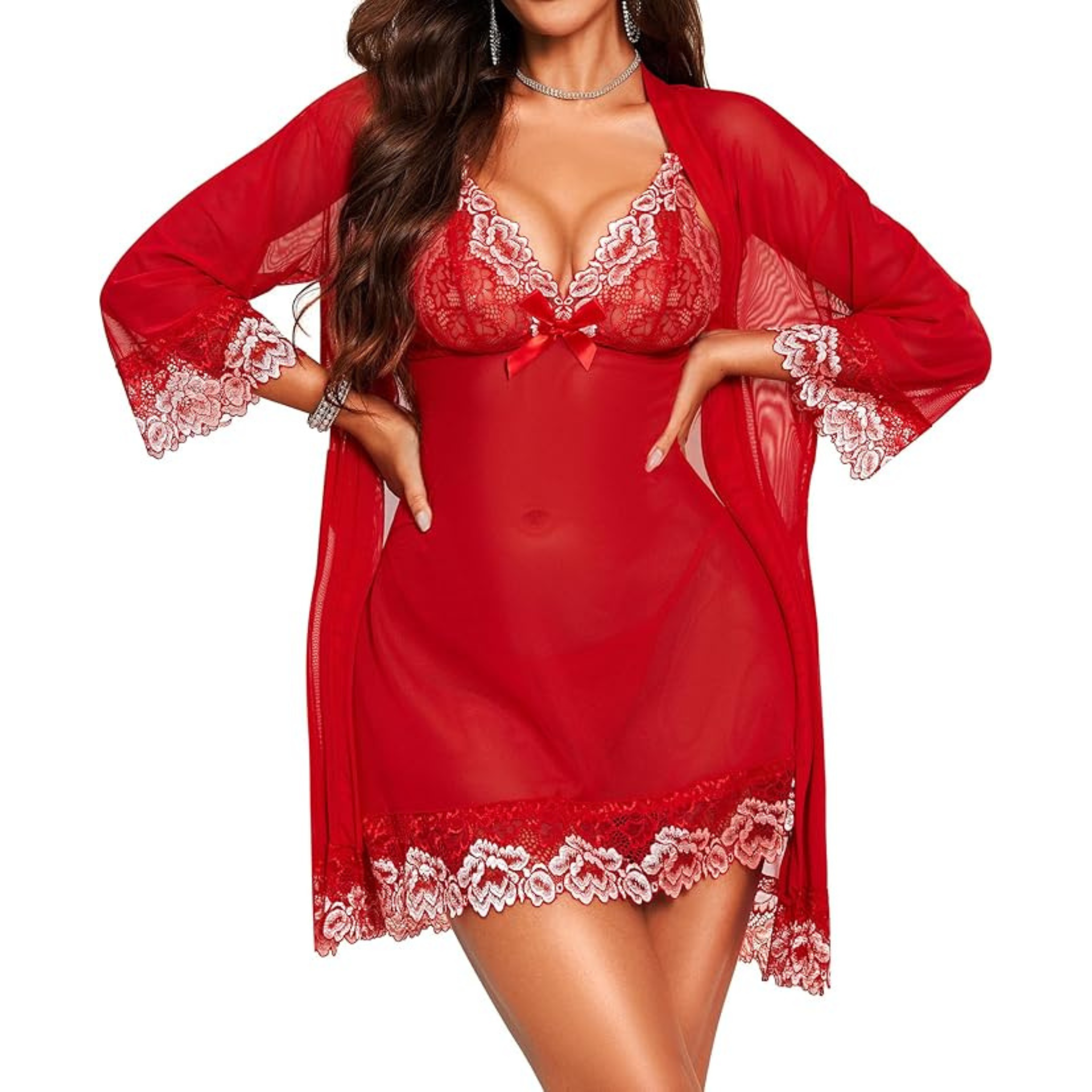 Soft Mesh Sexy Nighty Suspender Dress with Padded Robe Thong Lingerie