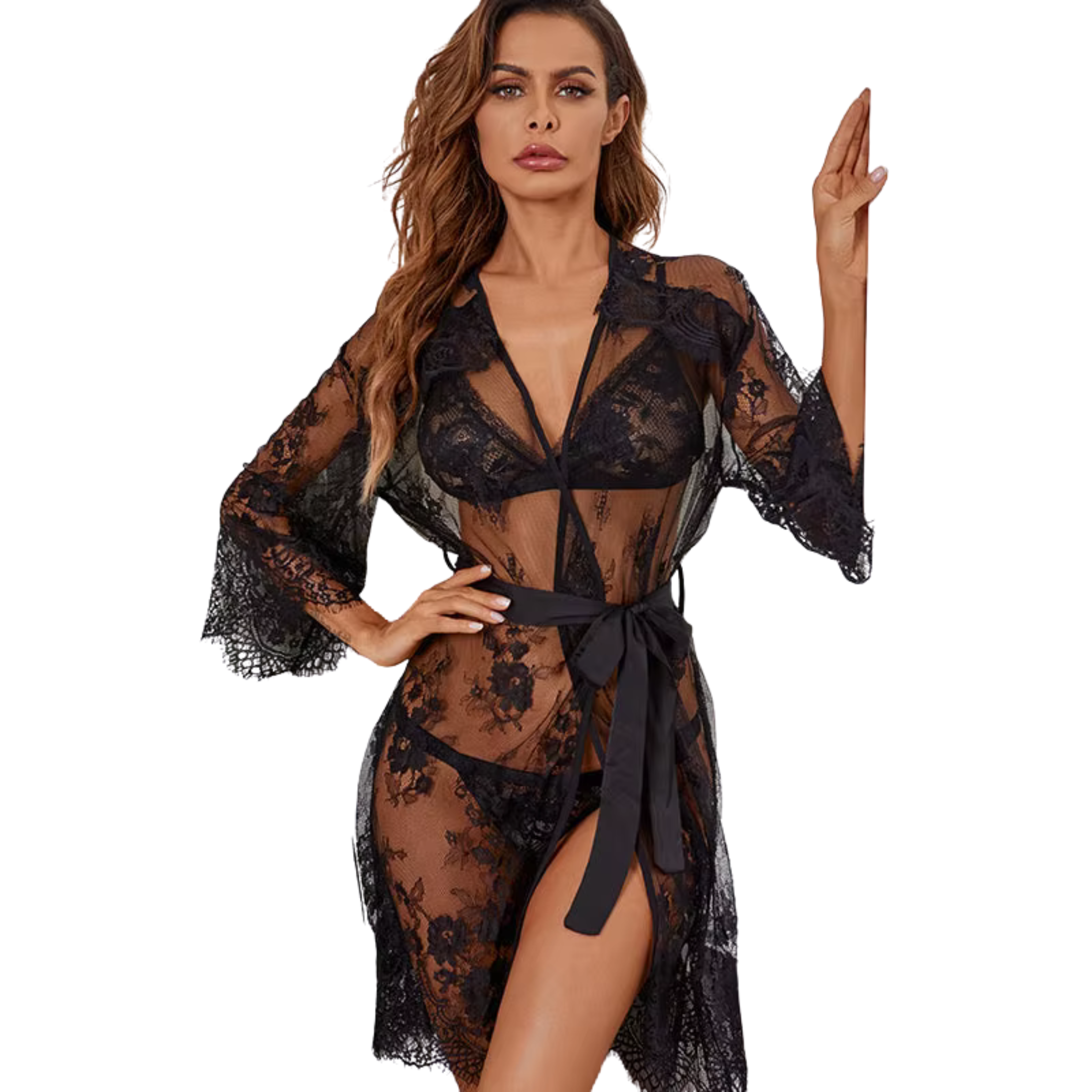 Sexy Transparent Lace Robe Mesh See-through Lace-up Robe