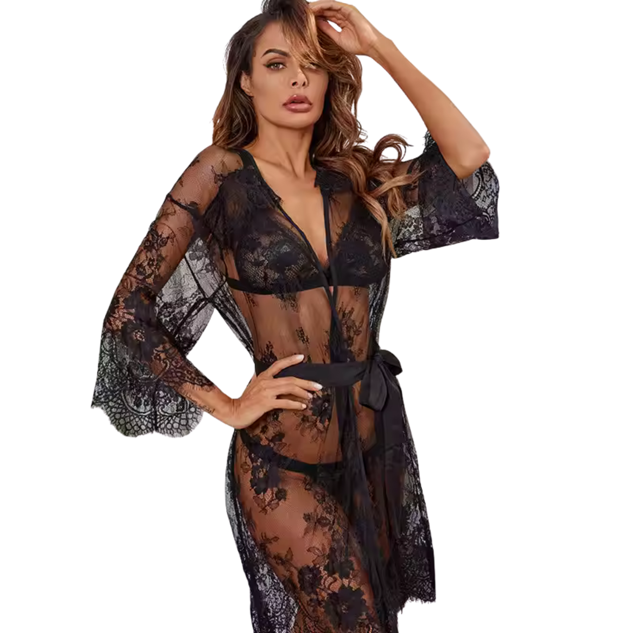 Sexy Transparent Lace Robe Mesh See-through Lace-up Robe